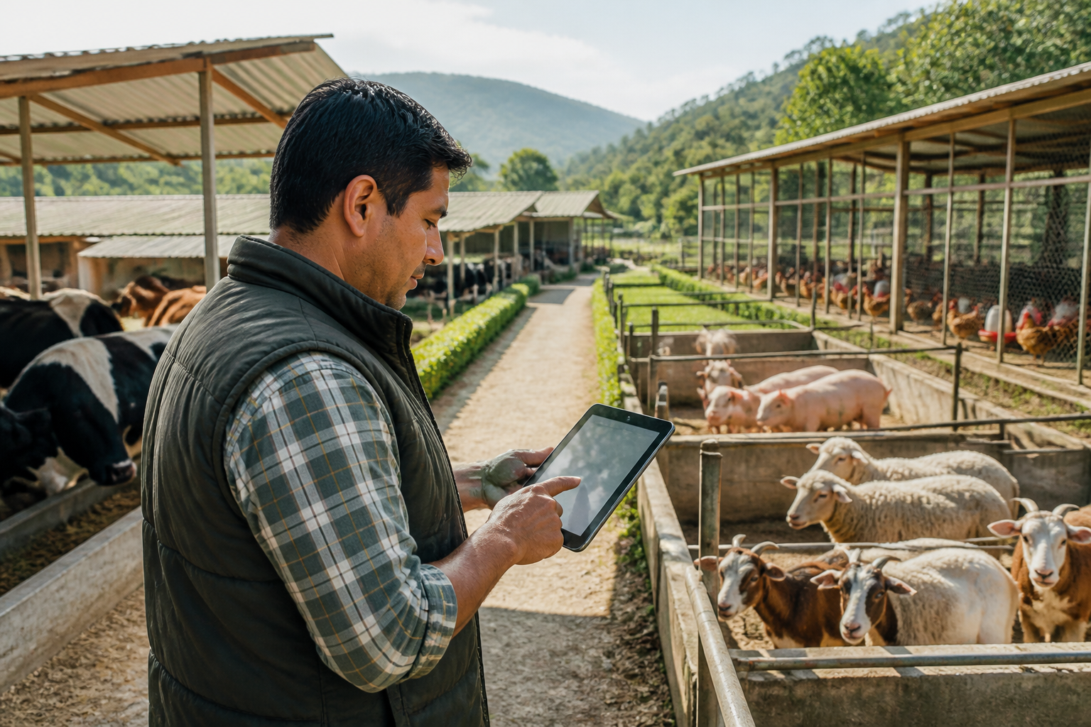 Granja multiespecie con bovinos, ovinos, caprinos, porcinos y aves gestionada desde una tablet