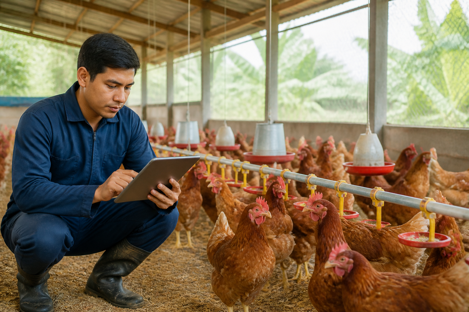 Trabajador revisando una tablet junto a gallinas en un galpón avícola