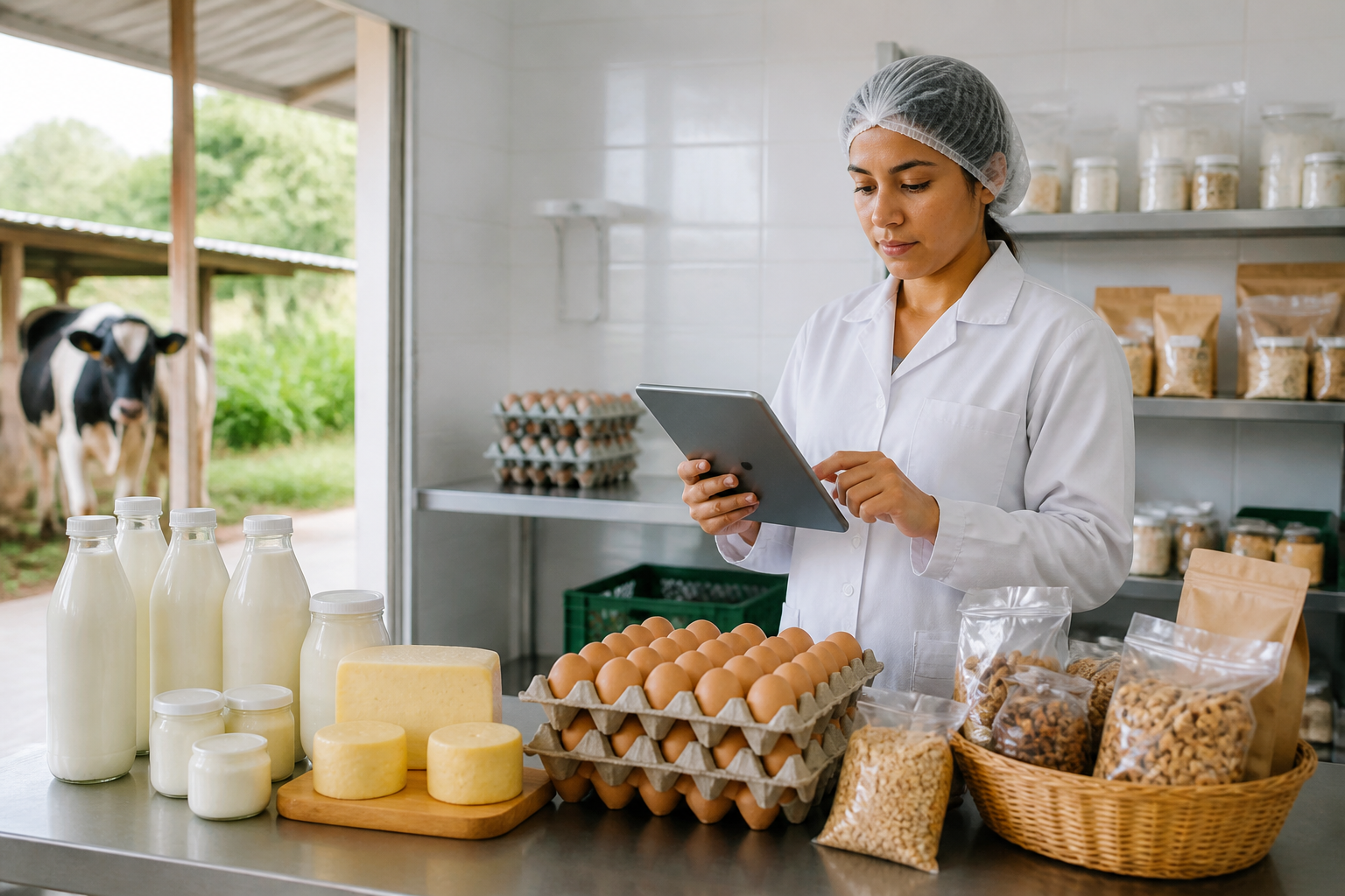 Administradora revisando una tablet junto a productos de granja como leche, queso y huevos
