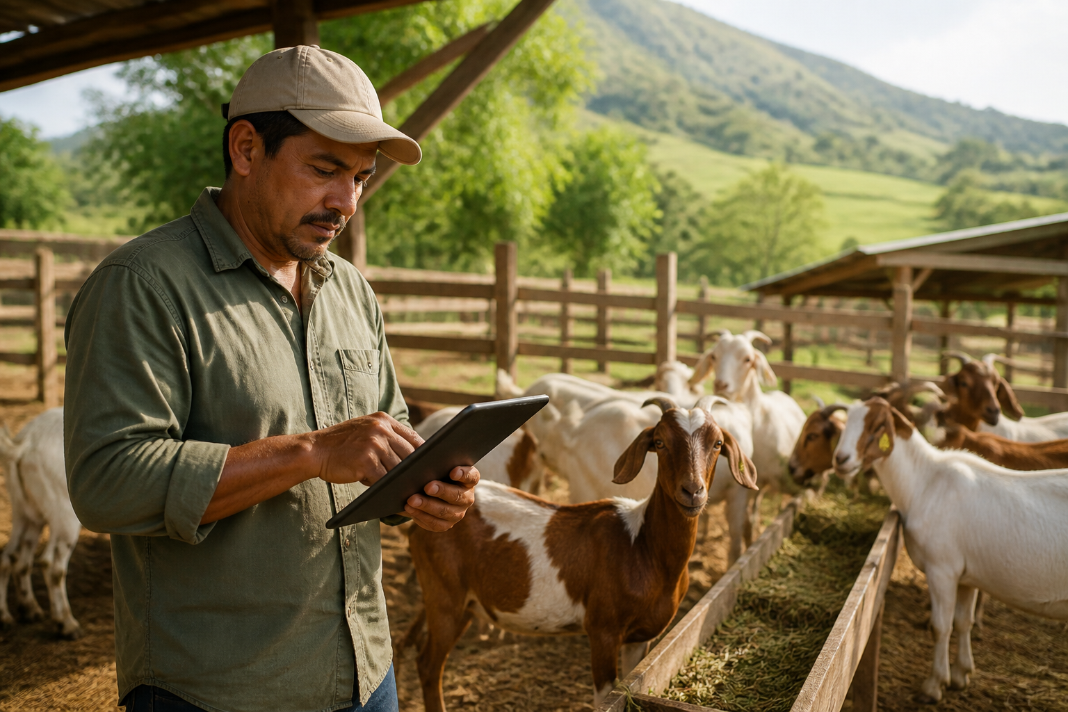 Administrador revisando registros en una tablet junto a un rebaño caprino