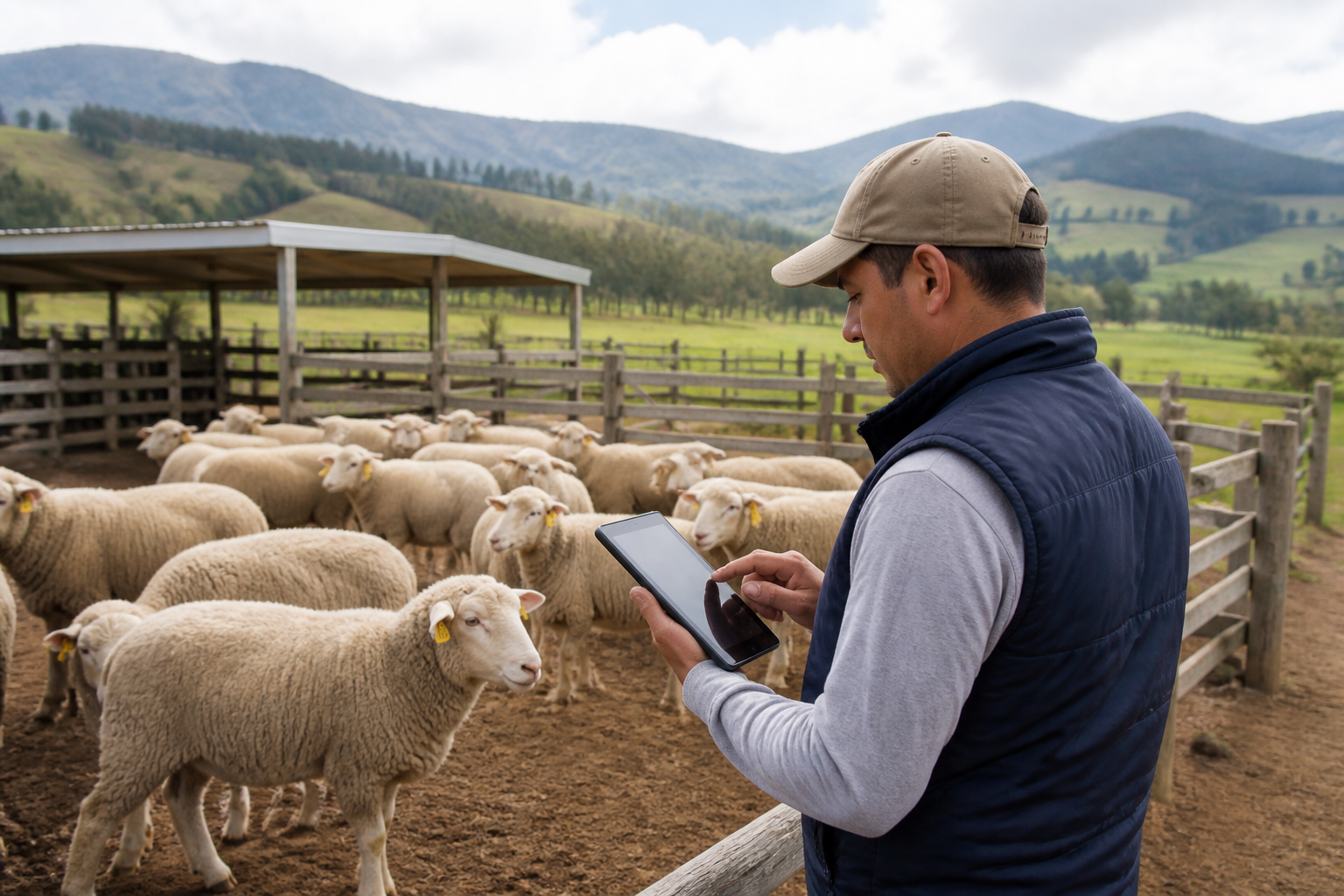 Encargado usando una tablet junto a un rebaño ovino en corral