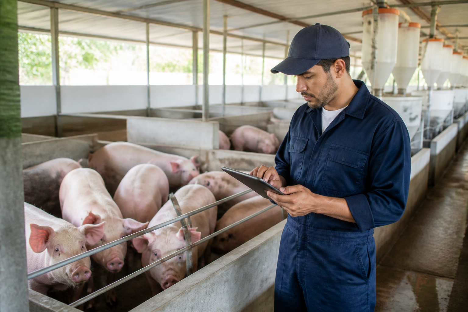 Supervisor usando una tablet en una granja porcina con cerdos en corrales